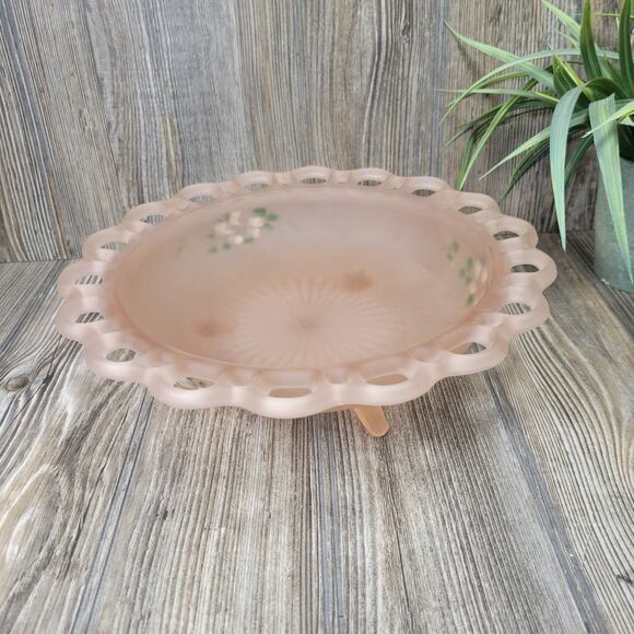 Vintage Lace Edge Bowl, Frosted Pink Floral Depression Glass Anchor Hocking - Picture 1 of 7